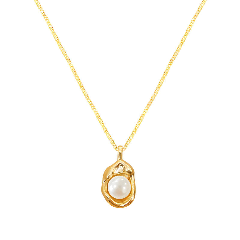 Gold necklace with a pearl pendant on a white background