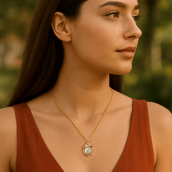 Woman wearing a gold necklace with a pendant outdoors
