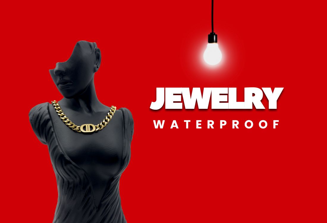 Mannequin wearing gold jewelry with a light bulb and 'Jewelry Waterproof' text on a red background
