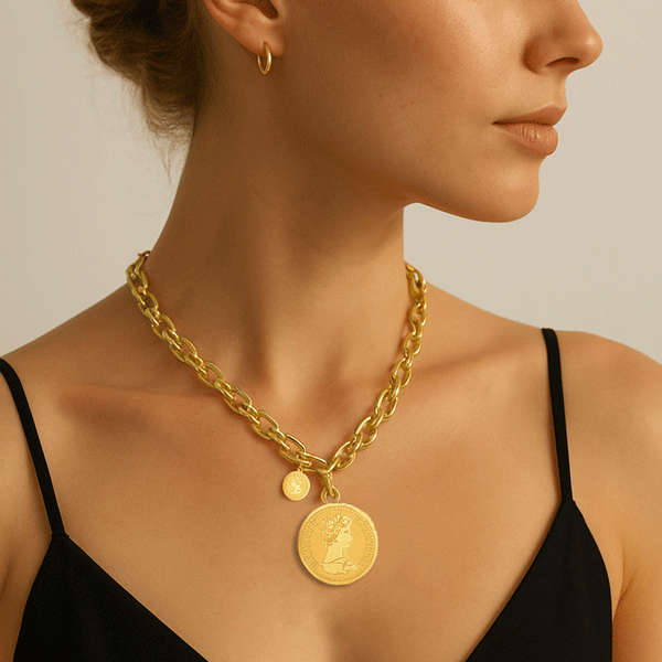 18K Gold Plated Coin Pendant Necklace for Women – Chunky Chain Fashion Jewelry