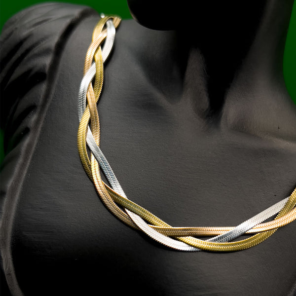 Tri-Color Braided Chain Necklace – Gold, Silver & Rose Gold Plated