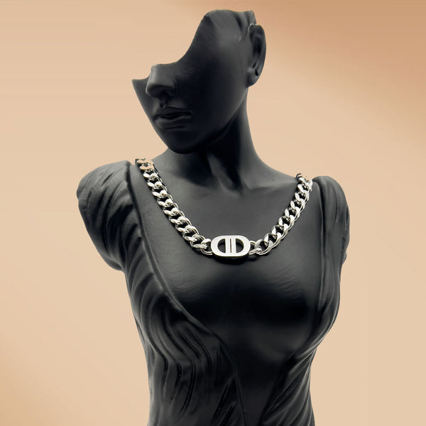 Stainless Steel Unisex Cuban Link Chain Necklace with Dior-Style Oval Pendant