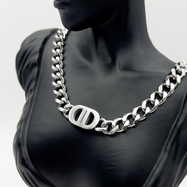 Stainless Steel Unisex Cuban Link Chain Necklace with Dior-Style Oval Pendant