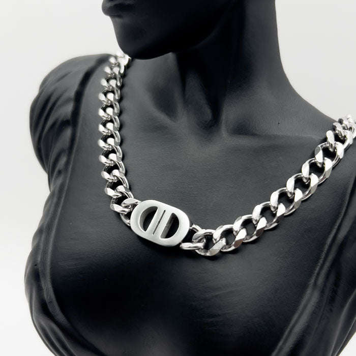 Stainless Steel Unisex Cuban Link Chain Necklace with Dior-Style Oval Pendant