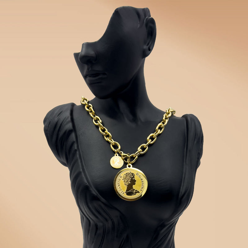 18K Gold Plated Coin Pendant Necklace for Women – Chunky Chain Fashion Jewelry