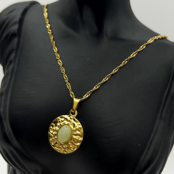 18k Gold Plated Textured Disc Pendant Necklace with Green Gemstone- Sureli