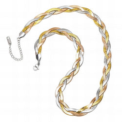 Braided necklace with gold, silver, and bronze colors on a white background