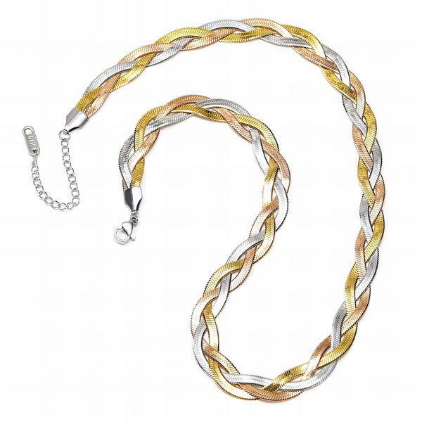 Braided necklace with gold, silver, and bronze colors on a white background