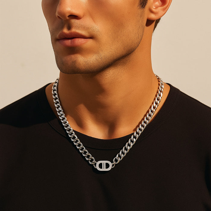 Stainless Steel Unisex Cuban Link Chain Necklace with Dior-Style Oval Pendant