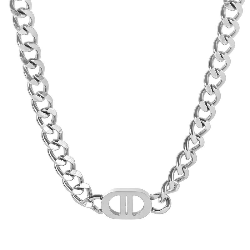 Stainless Steel Unisex Cuban Link Chain Necklace with Dior-Style Oval Pendant