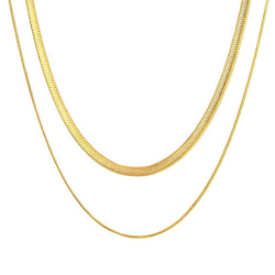 18K Gold Plated Double Layer Necklace – Elegant Herringbone & Snake Chain Jewelry for Women-Sureli