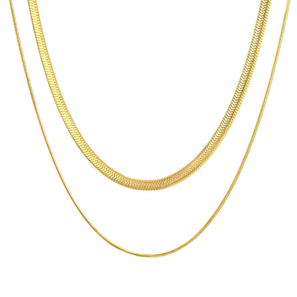 18K Gold Plated Double Layer Necklace – Elegant Herringbone & Snake Chain Jewelry for Women-Sureli