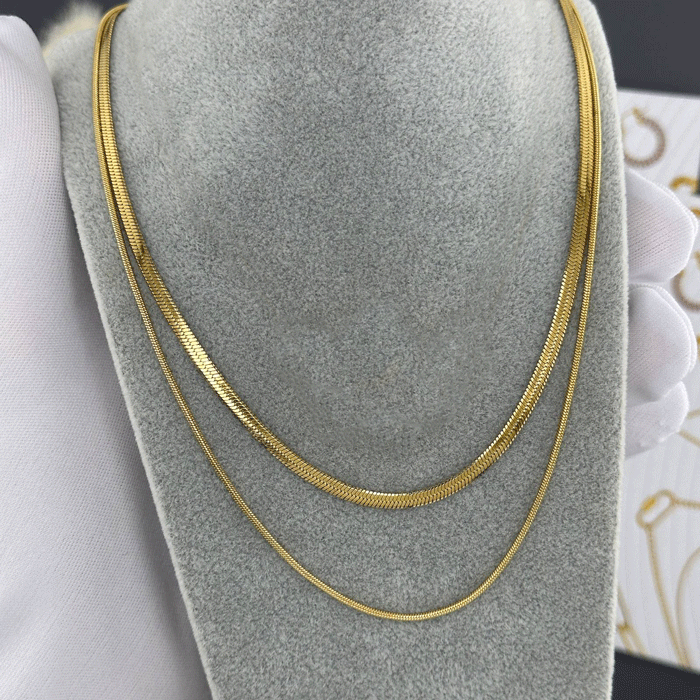18K Gold Plated Double Layer Necklace – Elegant Herringbone & Snake Chain Jewelry for Women-Sureli