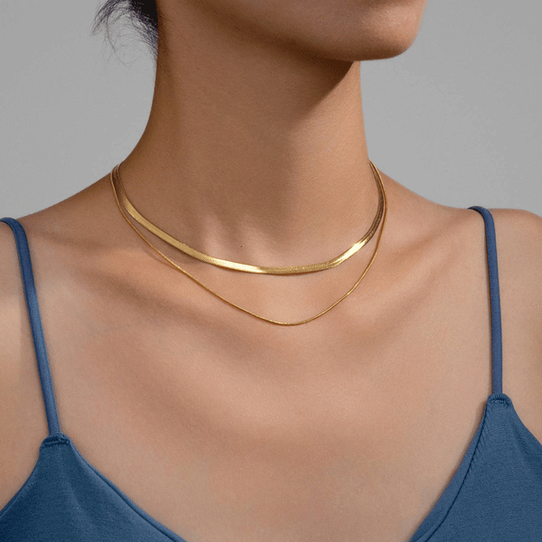18K Gold Plated Double Layer Necklace – Elegant Herringbone & Snake Chain Jewelry for Women-Sureli