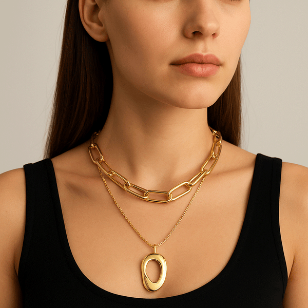 Gold Plated Chunky Link Chain Necklace with Abstract Pendant – Modern Layered Jewelry for Women- Sureli