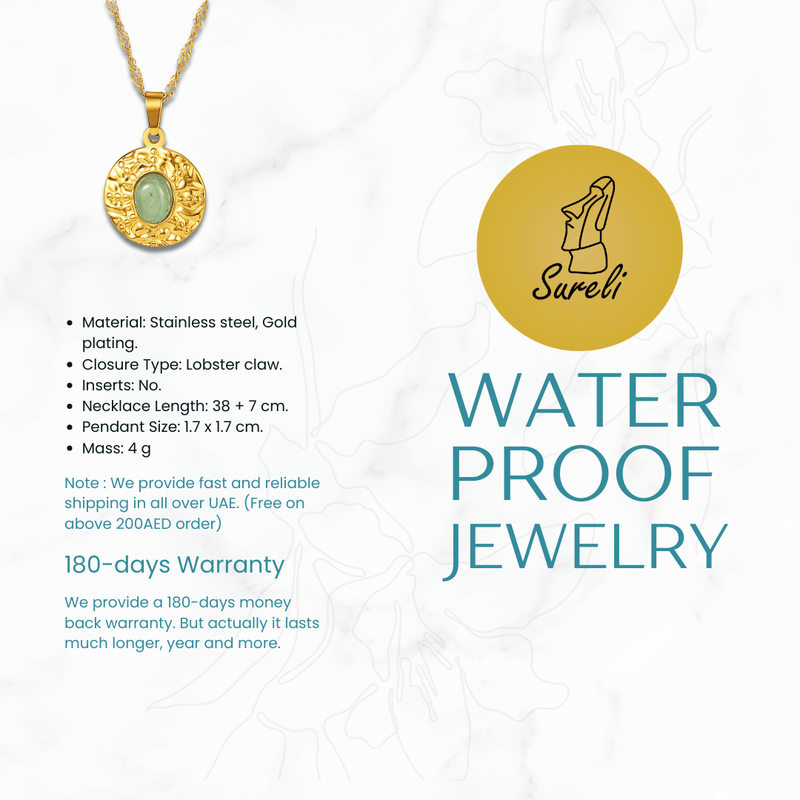 18k Gold Plated Textured Disc Pendant Necklace with Green Gemstone- Sureli