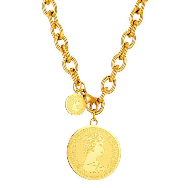 18K Gold Plated Coin Pendant Necklace for Women – Chunky Chain Fashion Jewelry