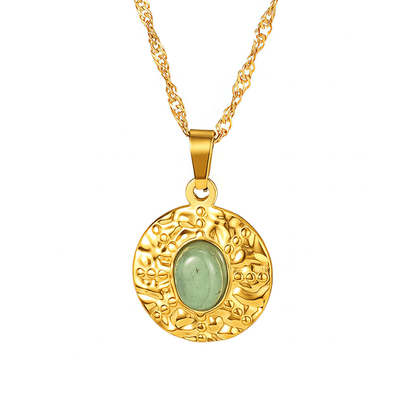 18k Gold Plated Textured Disc Pendant Necklace with Green Gemstone- Sureli