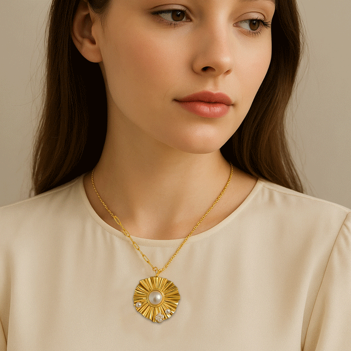 Woman wearing a gold necklace with a sunflower pendant on a neutral background