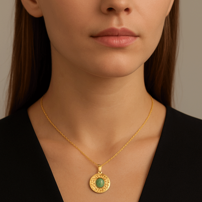 18k Gold Plated Textured Disc Pendant Necklace with Green Gemstone- Sureli
