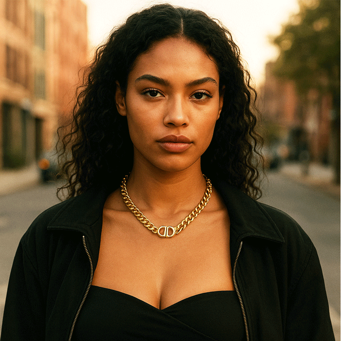 Woman wearing a gold chain necklace in an urban setting
