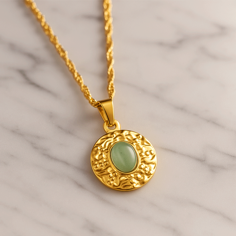 18k Gold Plated Textured Disc Pendant Necklace with Green Gemstone- Sureli