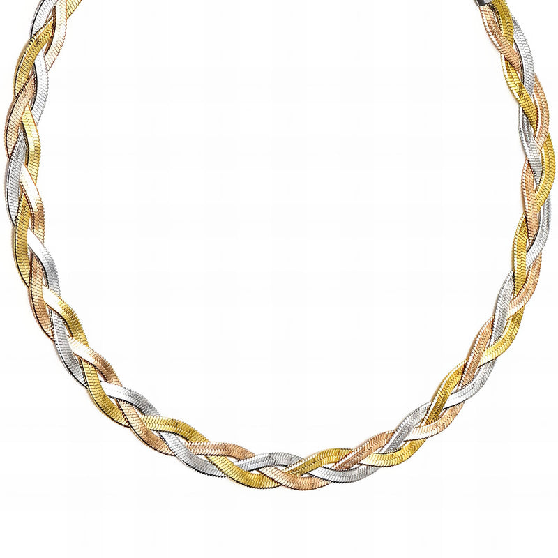 Tri-color braided necklace on a white background