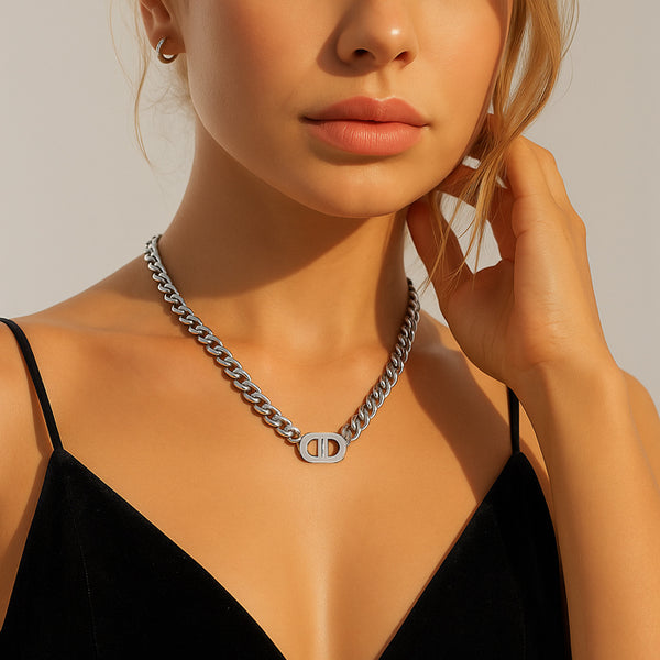 Stainless Steel Unisex Cuban Link Chain Necklace with Dior-Style Oval Pendant